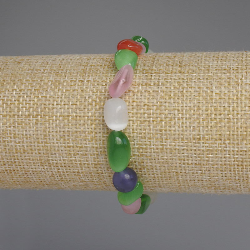 Cat's Eye, Aquamarine, Moonstone Tumbled Bead Bracelet, Diameter 10-12x8-9mm+-, Length 18mm+- Stretch