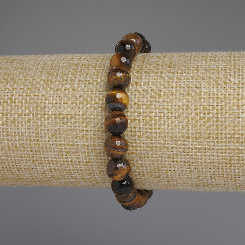 Tiger's Eye Bracelet, Faceted Round Bead, Diameter 8mm+/-, Length 18cm+/- Stretch