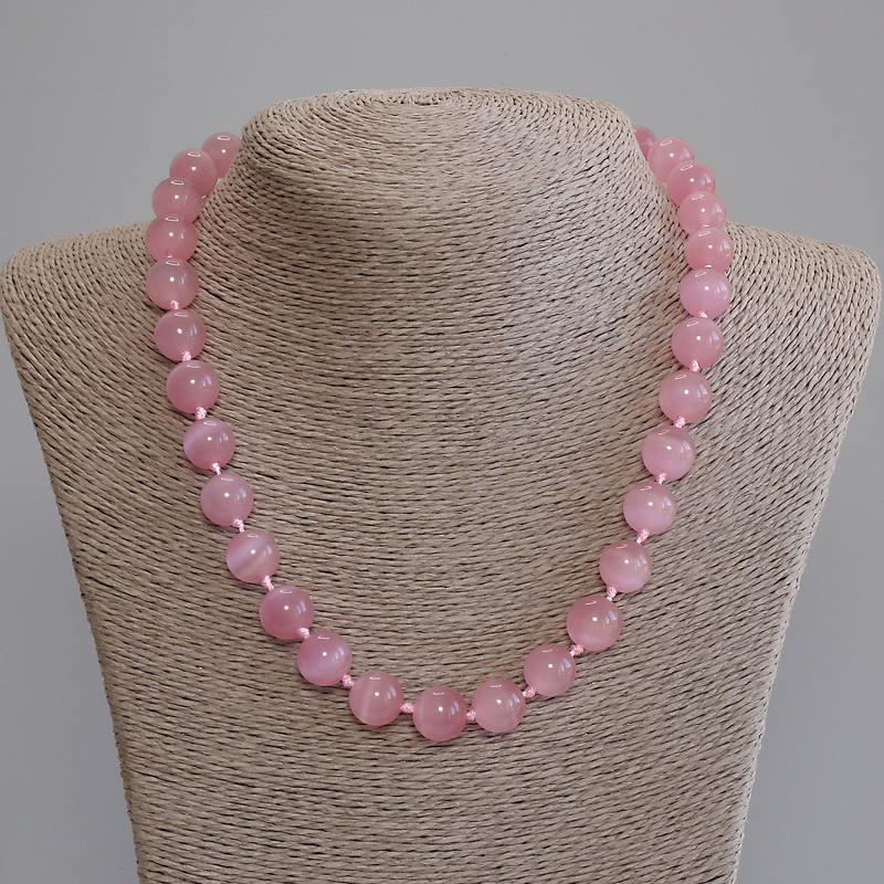 Pink Cat's Eye Smooth Bead Necklace, diameter 12mm+-, length 50cm+- with clasp