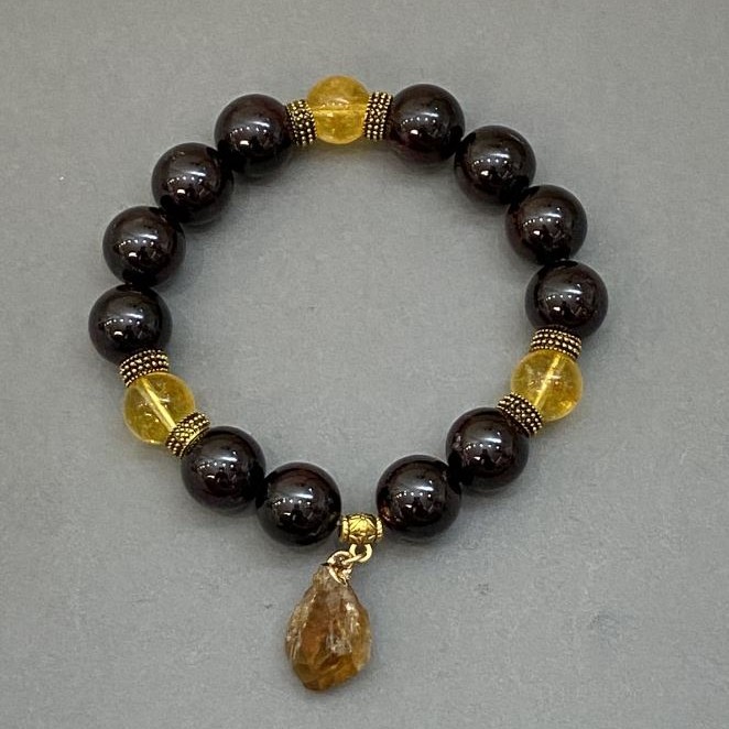 Garnet Bracelet, Round Beads 12mm+/- with Citrine Round Beads 10mm+/-, Length 18cm+/- Stretch