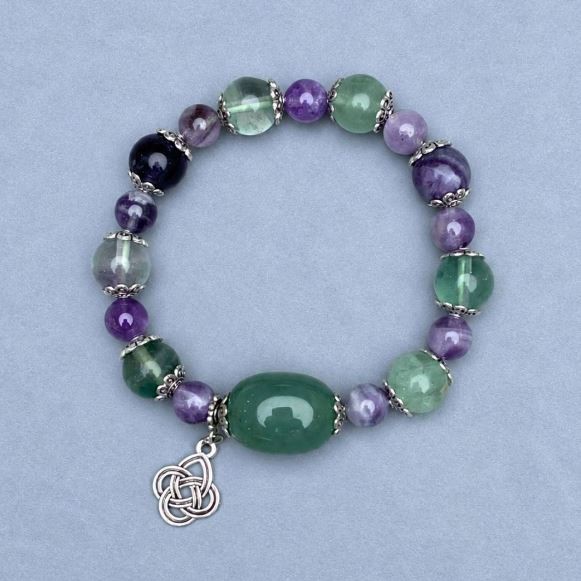 Fluorite Bead Bracelet 10mm+- Amethyst Bead, diameter 8mm+- Jade Tumbled 20x15mm+-, length 18cm stretch