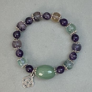 Fluorite Bead Bracelet 10mm+- Amethyst Bead, diameter 8mm+- Jade Tumbled 20x15mm+-, length 18cm stretch