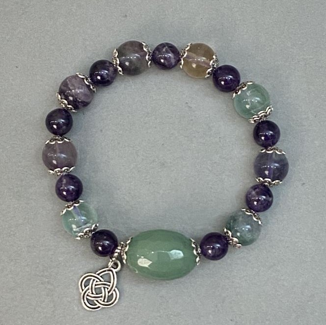 Fluorite Bead Bracelet 10mm+- Amethyst Bead, diameter 8mm+- Jade Tumbled 20x15mm+-, length 18cm stretch