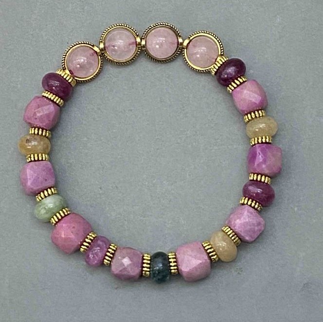 Rose Quartz Bead Bracelet 8.5mm+- Phosphosiderite Cube 9mm+- Tourmaline Rondelle 8x5mm+-, length 18cm stretch