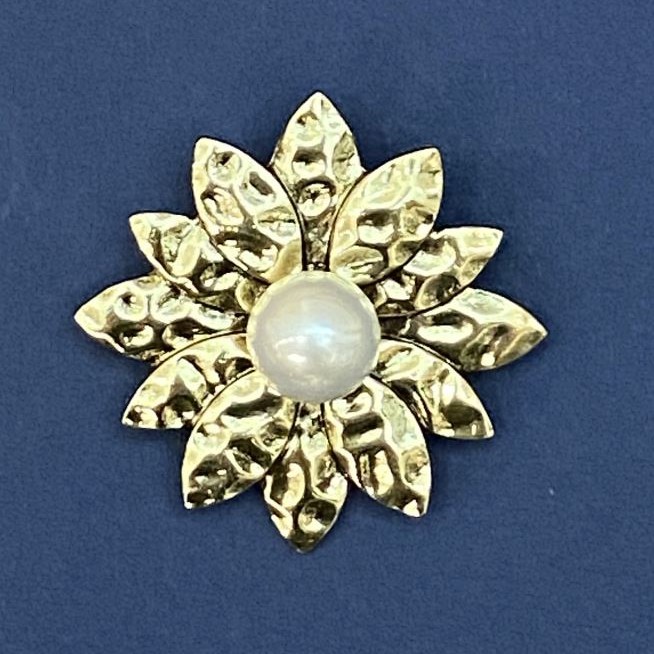 Flower Pearl Brooch Pendant, Golden Metal, 40mm+