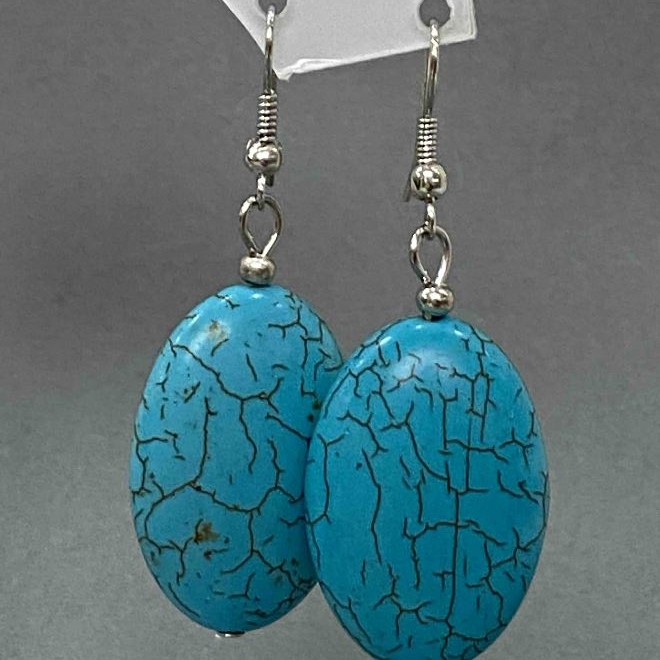 Drop Earrings with Oval Smooth Turquoise-Effect Cabochons, 21x55mm+