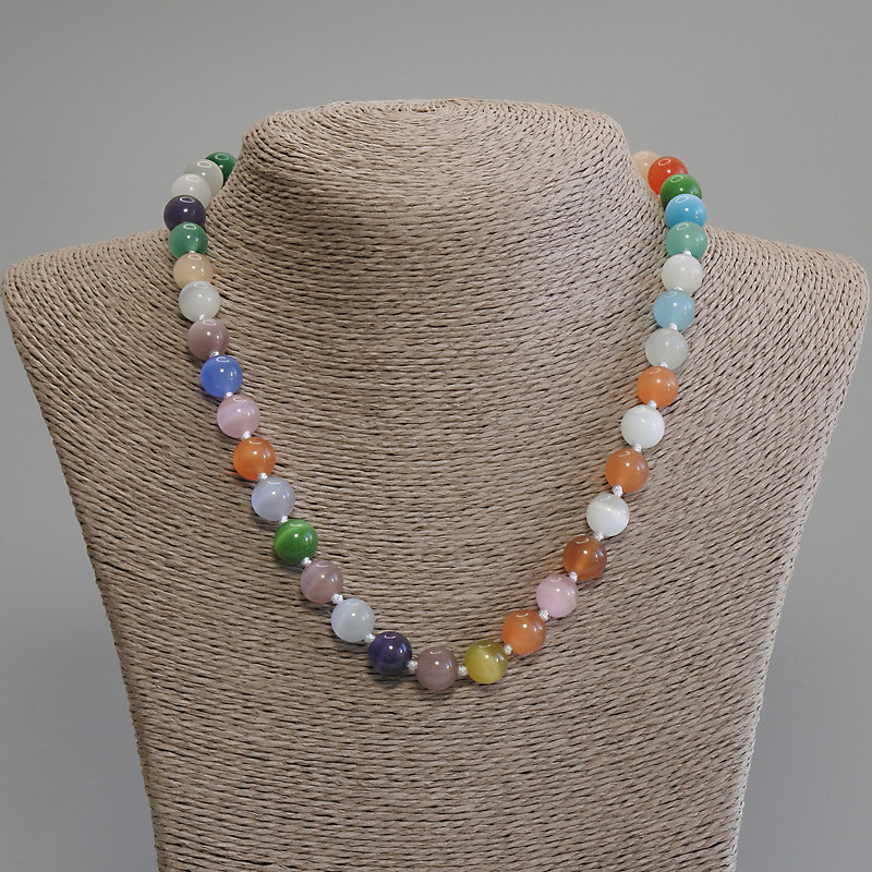 Multicolour Cat's Eye Necklace, smooth bead, diameter 10mm+/-, length 50cm +5cm extension chain
