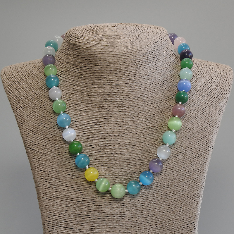 Multicolour Cat's Eye Necklace, smooth round beads, diameter 11.5mm+-, length 50cm +5cm extension chain