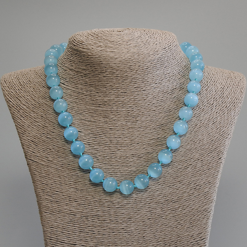 Cat's Eye Necklace, blue colour, smooth round beads, diameter 11mm+-, length 50cm with clasp