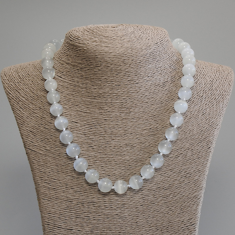Grey Cat's Eye Necklace, smooth bead, diameter 12mm+/-, length 50cm +5cm extension chain