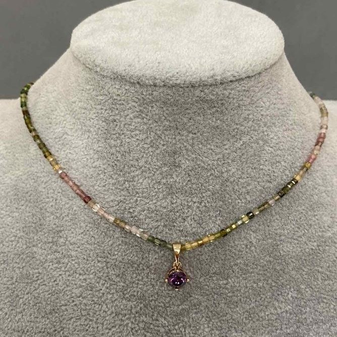 Tourmaline Necklace, Faceted Cube 2x2mm+/-, Pendant 14x6mm+/-, length 42cm + 5cm extension chain