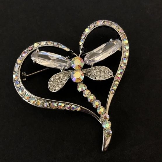 Dragonfly Brooch Silver Metal, White and Petrol Rhinestones, Diameter 60mm+