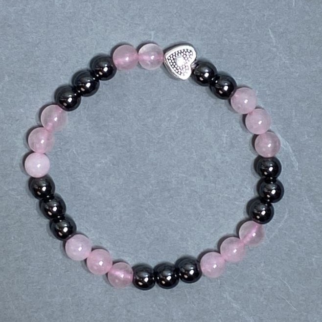 Rose Quartz and Hematite Bead Bracelet 6mm+- with Metal Insert, Length 18cm+- Stretch