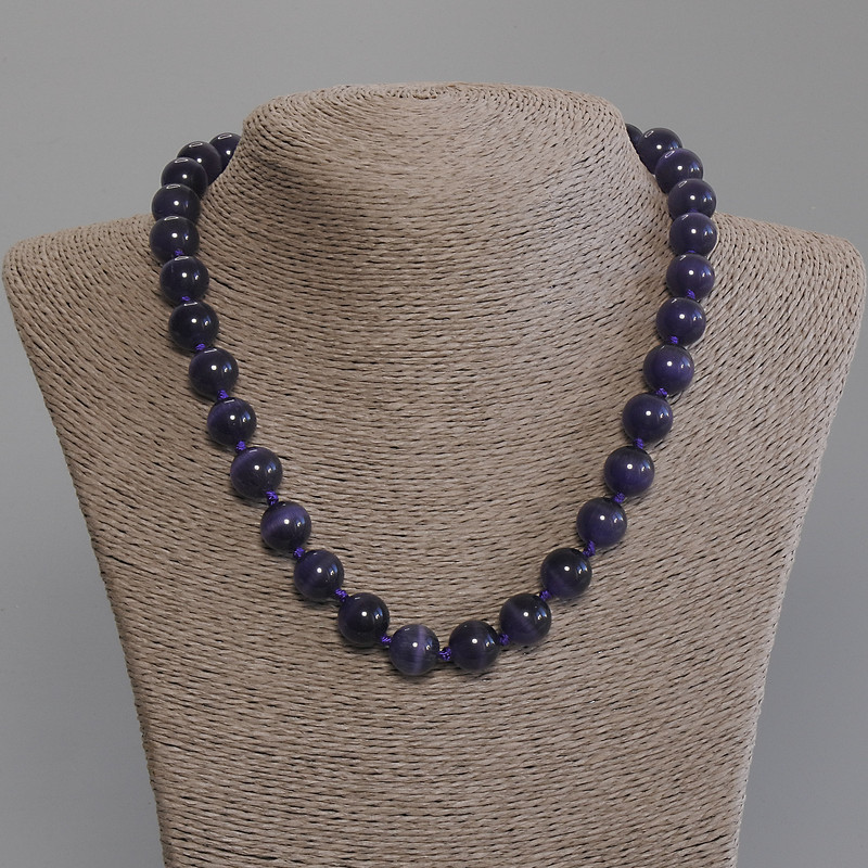 Purple Cat's Eye Necklace, smooth round beads, diameter 11.5mm+/-, length 50mm+/- with clasp