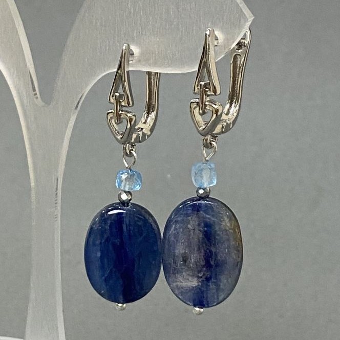 Kyanite Oval Earrings 18x13mm+- Faceted Topaz Cube, diameter 4mm+, length 43mm+