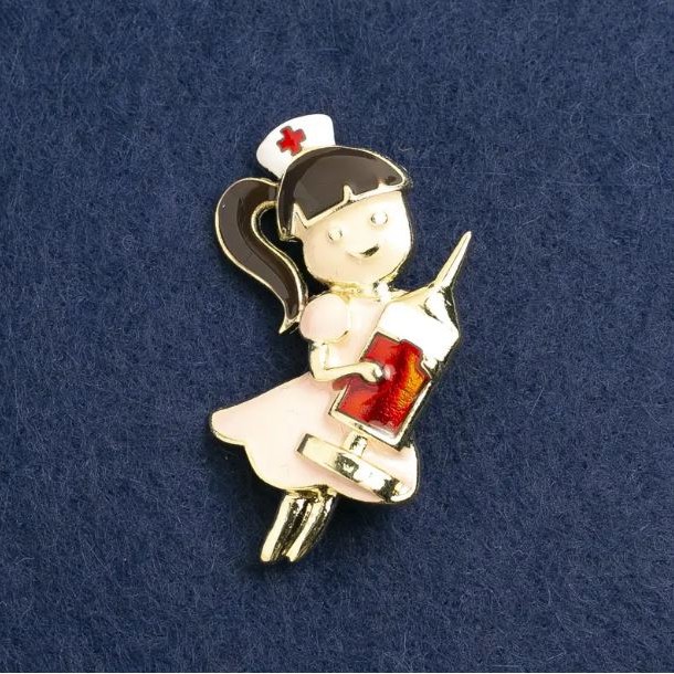 Nurse Brooch, Pink and Red Enamel, Gold-Tone Metal, 44x25mm