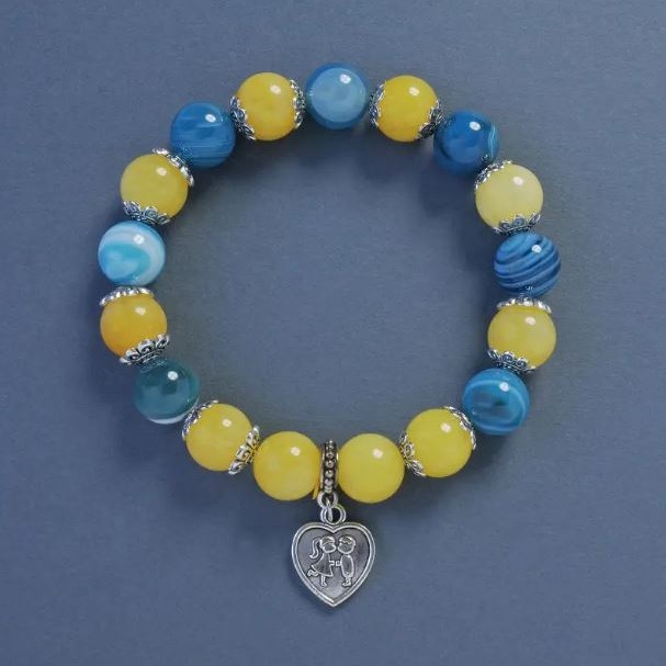 Yellow-Blue Agate and Citrine (Synthetic) Bracelet, Smooth Round Beads, diameter 10mm+/-, length 18cm+/- Stretch with Heart Charm