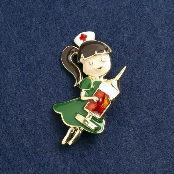 Nurse Brooch, Green and Red Enamel, Gold-Tone Metal, 44x25mm