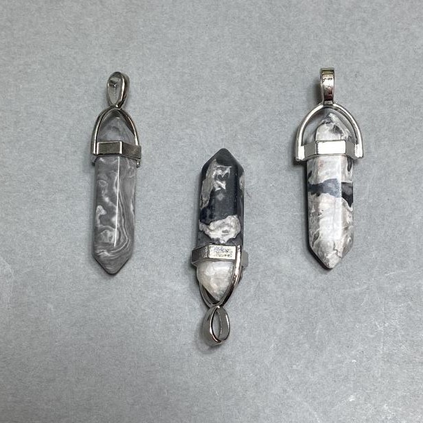 Hexagon Pendant Crystal Ball Grey Jasper 8x31x41mm+