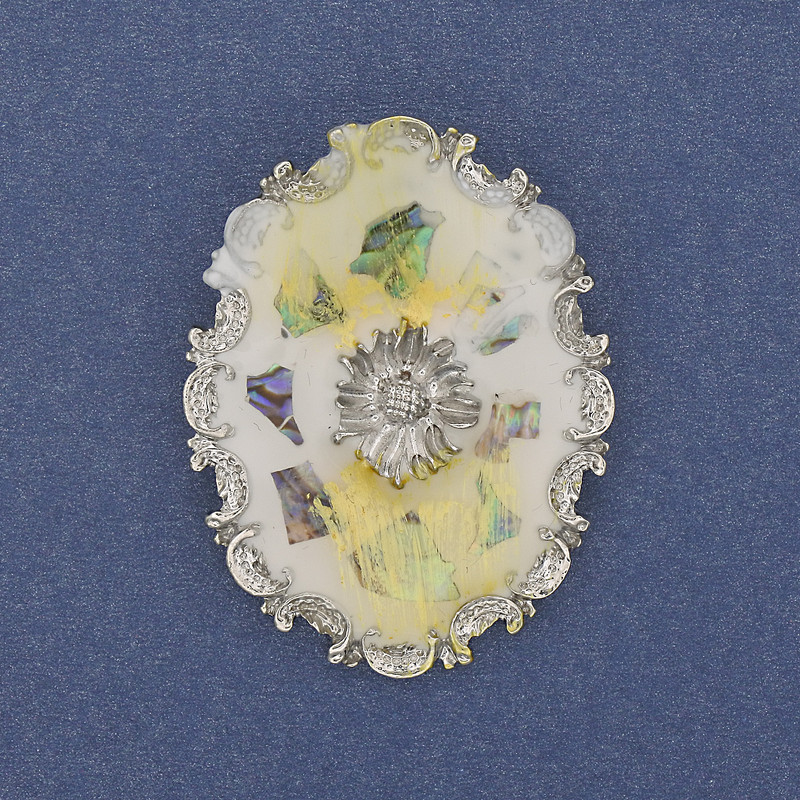 Abalone Shell Accent Brooch, silver-tone metal, 43x32mm+