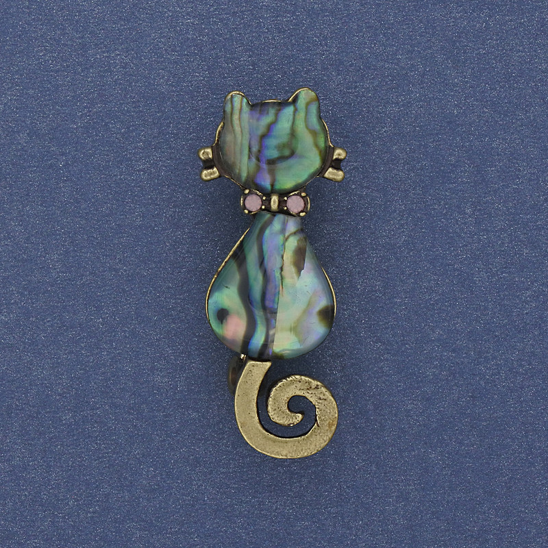 Cat Abalone Brooch-Pendant, gold-tone metal, 38x15mm+
