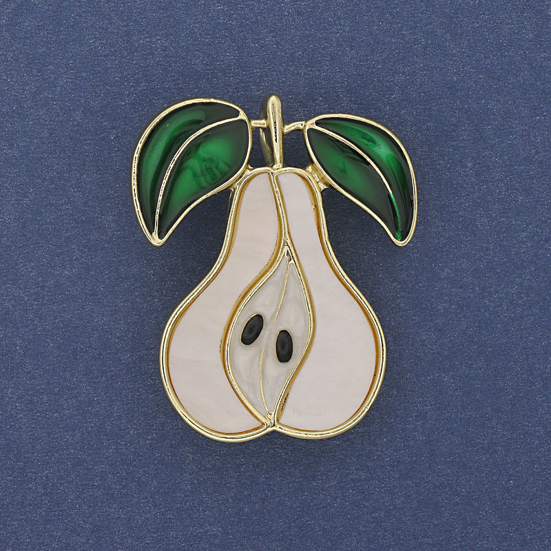 Pear Brooch Pendant Enamel Gold-Tone Metal 40x33mm+
