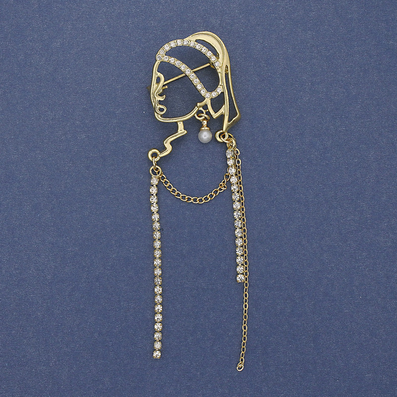 "Girl with a Pearl Earring" Brooch White Rhinestones Gold-Tone Metal 85x24mm+