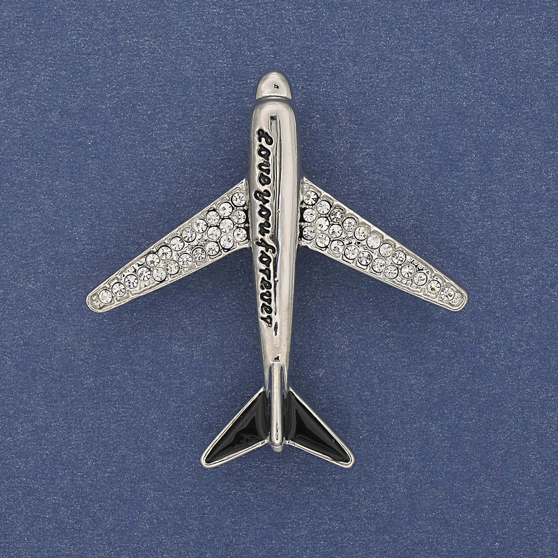 "Aeroplane" Brooch White Rhinestones Silver-Tone Metal 43x40mm+