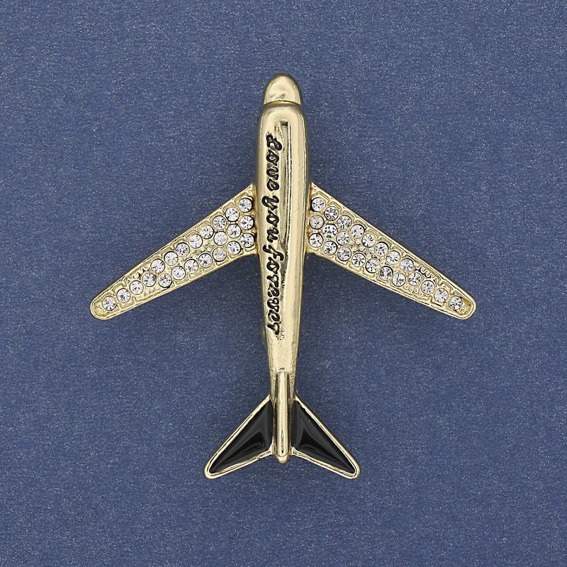 "Aeroplane" Brooch White Rhinestones Gold-Tone Metal 43x40mm+