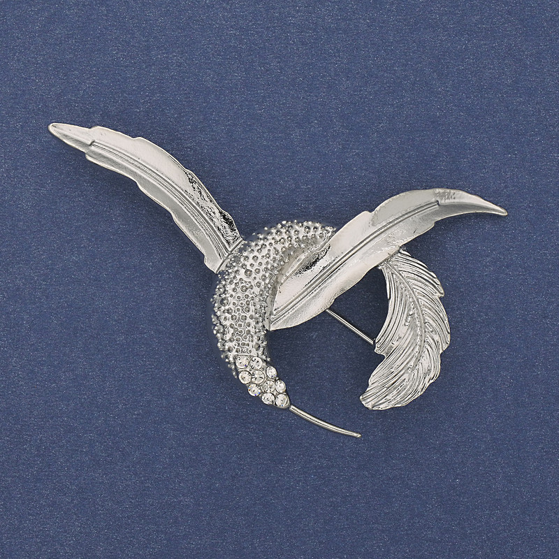 "Hummingbird" Brooch White Rhinestones Silver-Tone Metal 56x40mm+