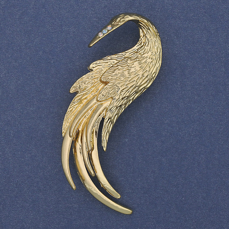 "Firebird" Brooch White Rhinestones Gold-Tone Metal 60x37mm+