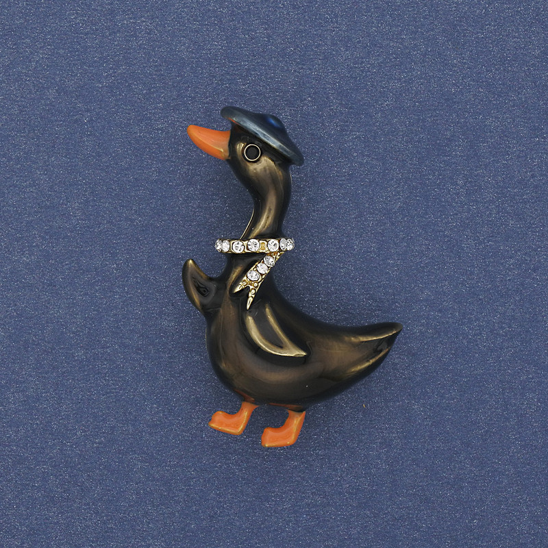 Goose Brooch Coloured Enamel White Rhinestones Gold-Tone Metal 40x23mm+