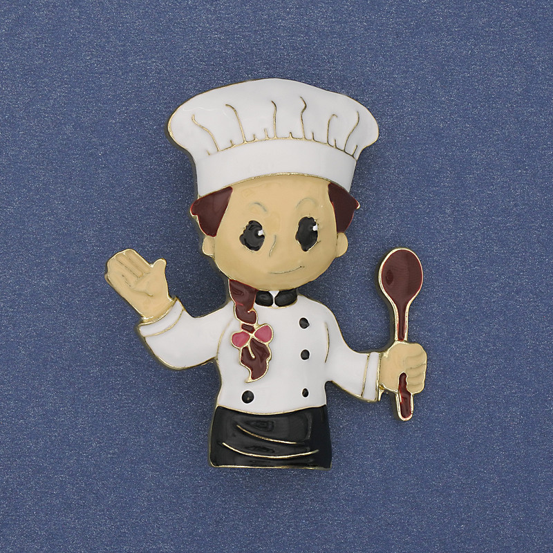 Chef Brooch Coloured Enamel Gold-Tone Metal 45x38mm+
