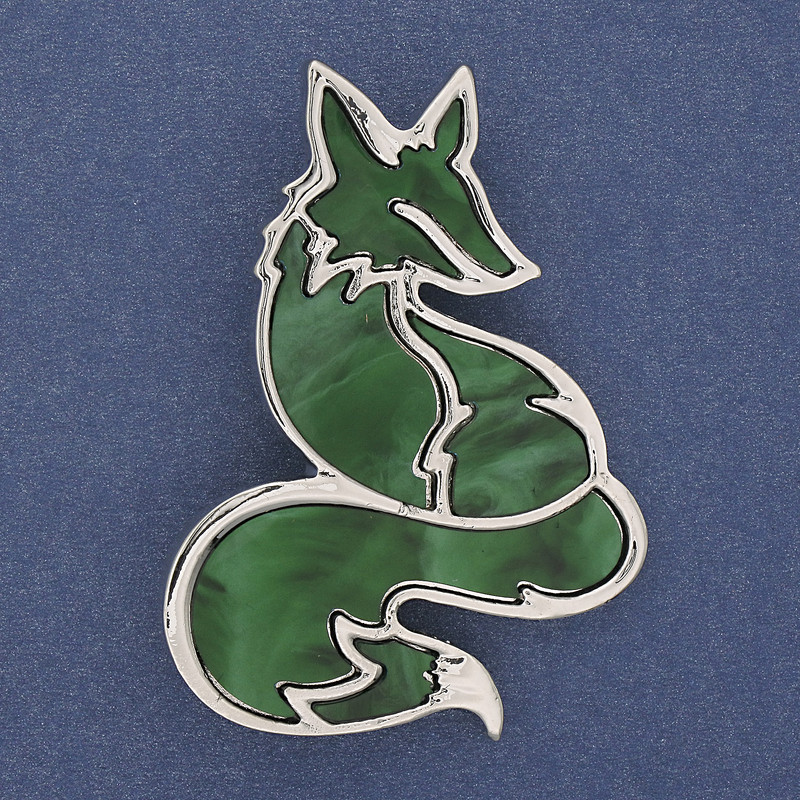 Brooch-Pendant Fox Green Pearl Colour Silver-Toned Metal 56x38mm+