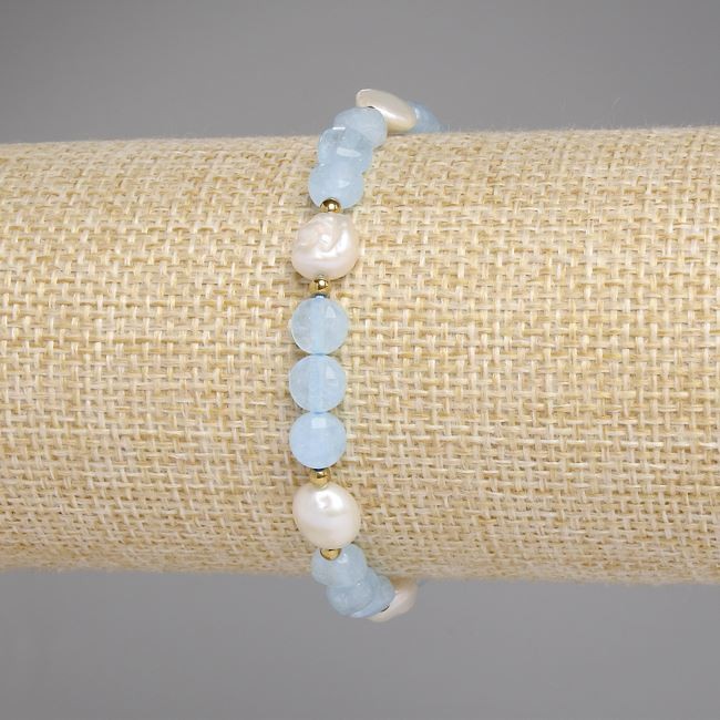 Aquamarine Bracelet Faceted Coin 6mm+- Freshwater Pearls 7-8x7-7.5mm+- Hematite Bead 2mm+-, length 18cm stretch