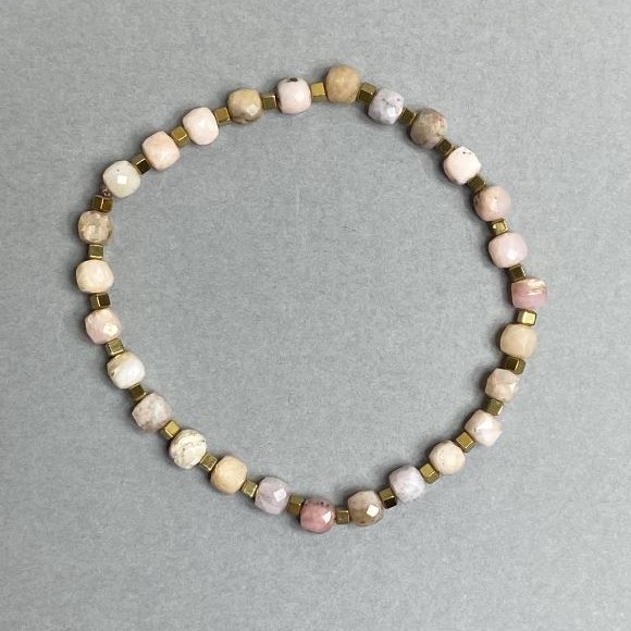 Pink Opal Bracelet Faceted Cube 5.5x5.5mm+- Hematite Cube 2x2mm+-, length 18cm stretch