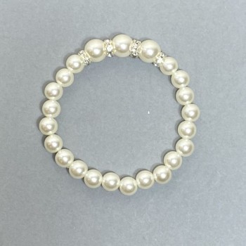 White Majorca Acrylic Pearl Bracelet, diameter 8mm+/-10mm + rhinestone inlays, length 18cm stretch