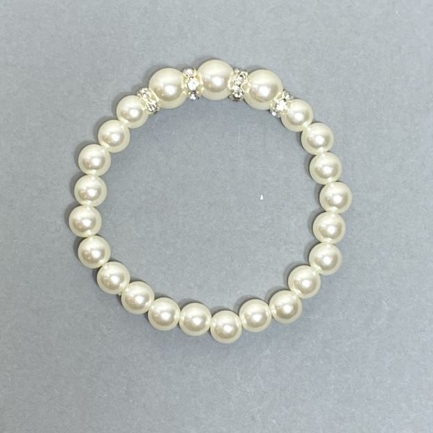 White Majorca Acrylic Pearl Bracelet, diameter 8mm+/-10mm + rhinestone inlays, length 18cm stretch