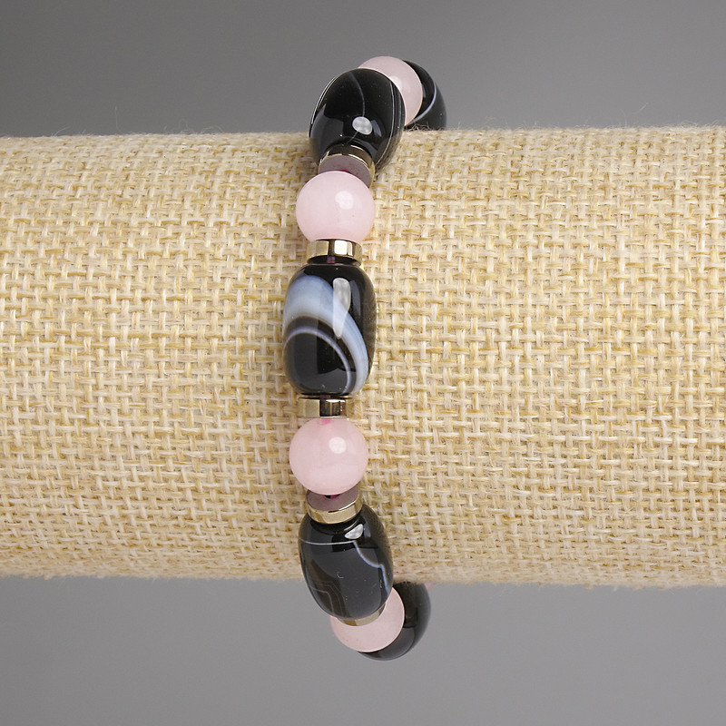 Bracelet, Rose Quartz Bead 8mm+- Agate Barrel 14x10mm+- Hematite Rondelle 6x2mm+-, length 18cm+- Stretch