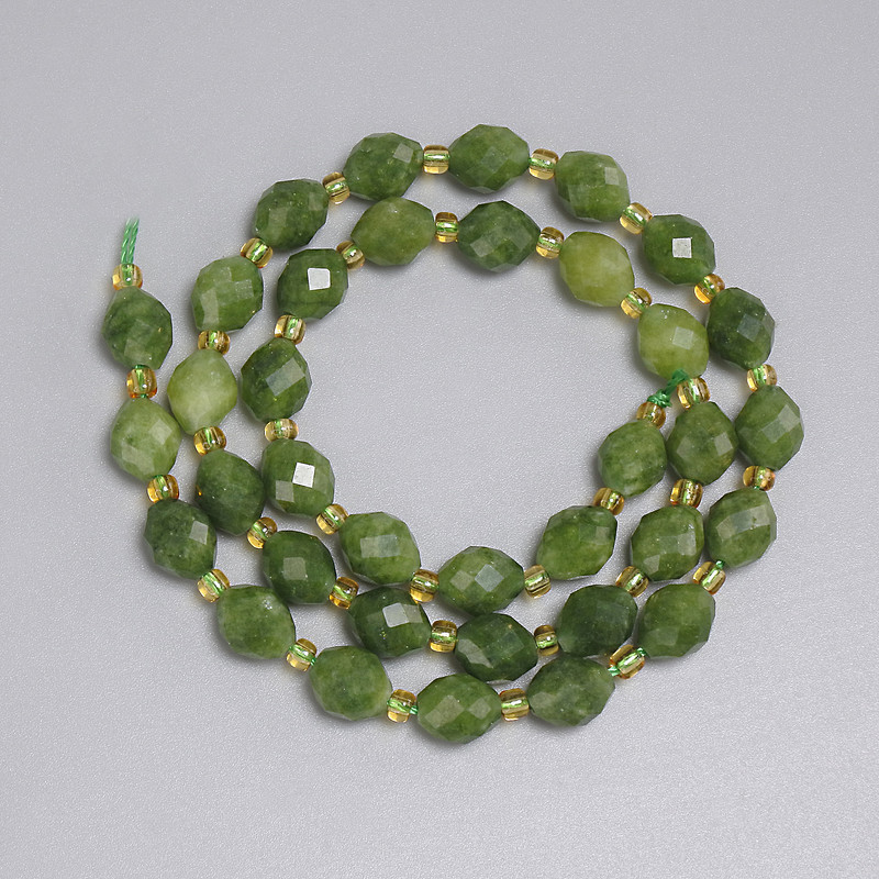 Jadeite Faceted Rice Beads 8x7mm+/- with 3mm+/- Seed Beads, length 38cm+/- strand