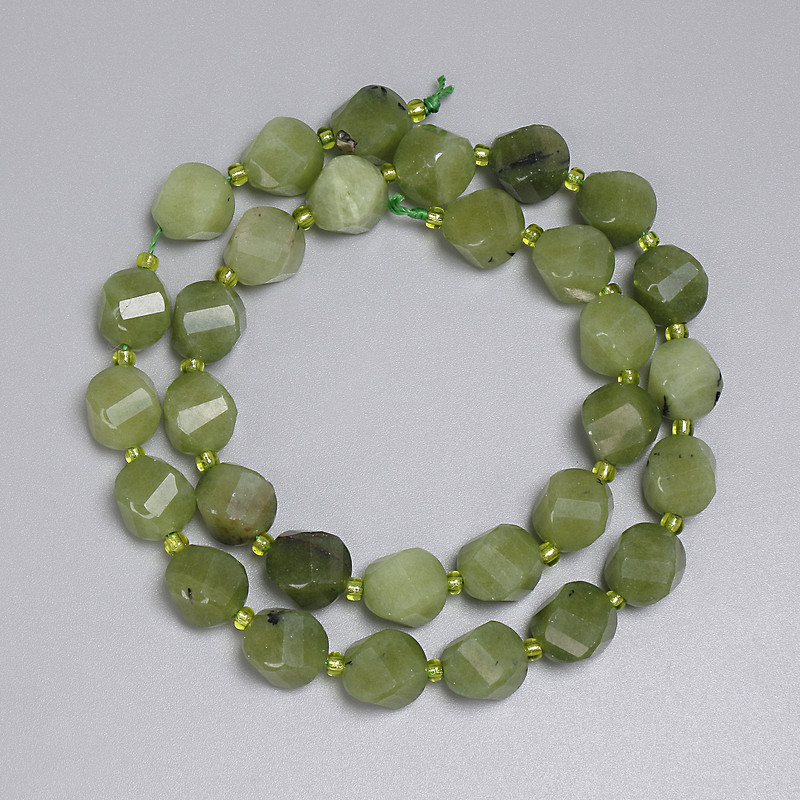 Jadeite Faceted Rhombus Beads 10x9mm+/- with 3mm+/- Seed Beads, length 38cm+/- strand