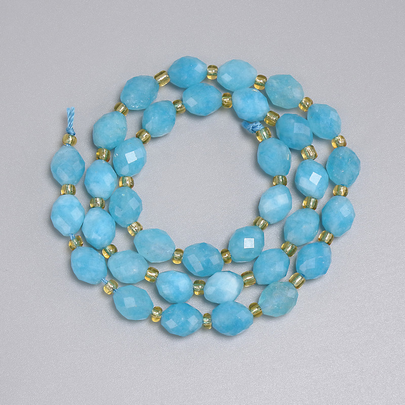 Aquamarine Beads Faceted Grain 8x6.5mm+/-, seed beads 3mm+/-, length 36cm+/- on a thread