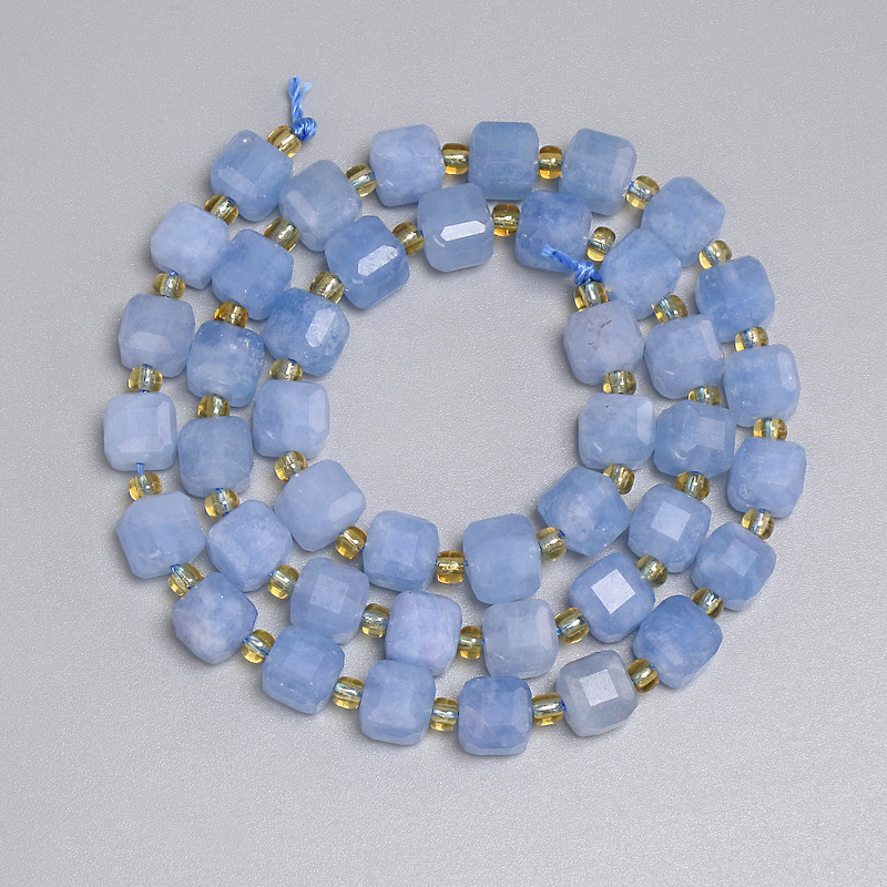 Aquamarine Beads Faceted Cube 6.5x6.5mm+- Seed Beads 3mm+-, Length 38cm+- on Thread