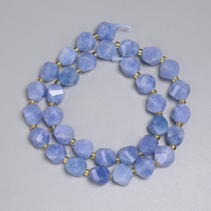 Aquamarine Beads Faceted Rhombus 10x9mm+- Seed Beads 3mm+-, Length 39cm+- on Thread