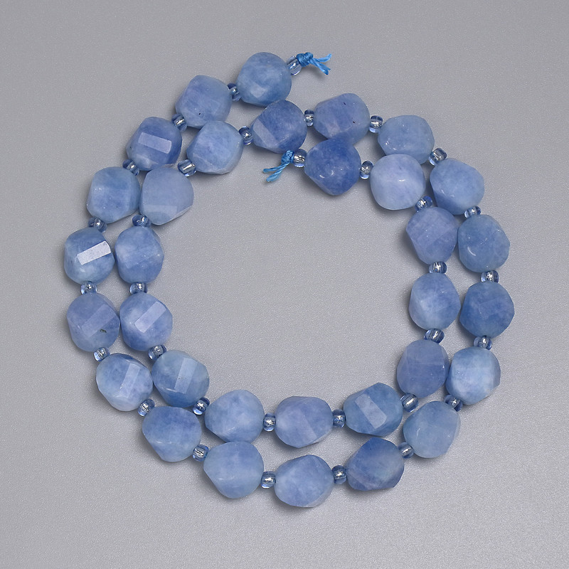 Aquamarine Beads Faceted Rhombus 10x9mm+- Seed Beads 3mm+-, Length 39cm+- on Thread