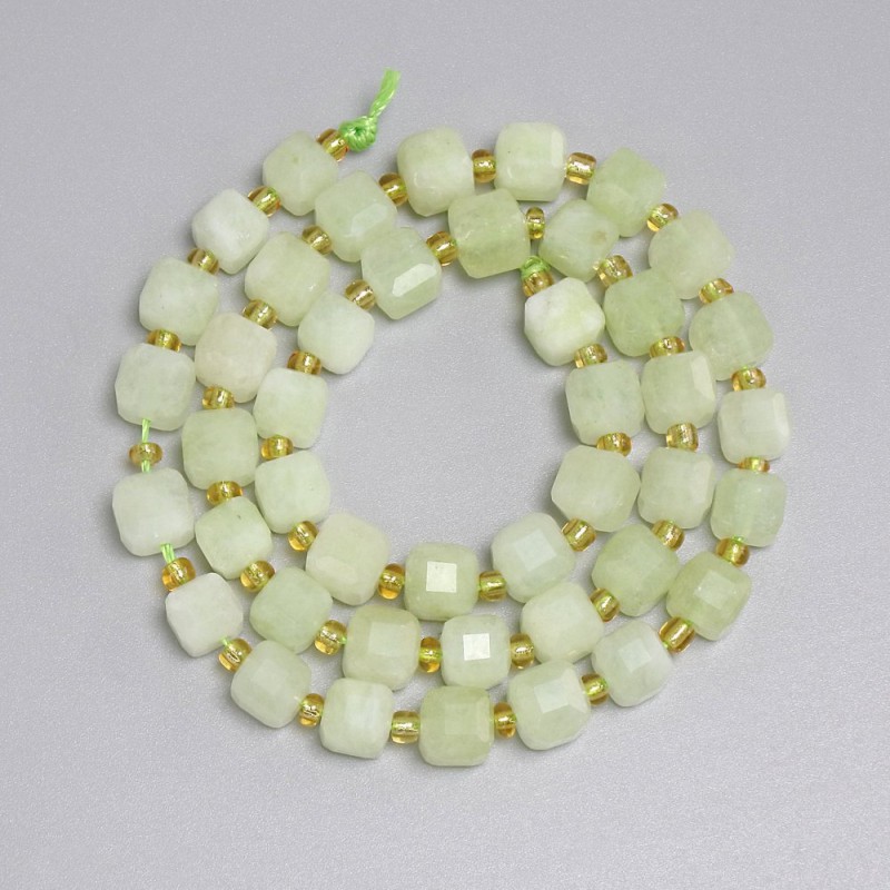 Chrysolite Olivine Beads Faceted Cube 6x6mm+- Seed Beads 3mm+-, Length 37cm+- on Thread