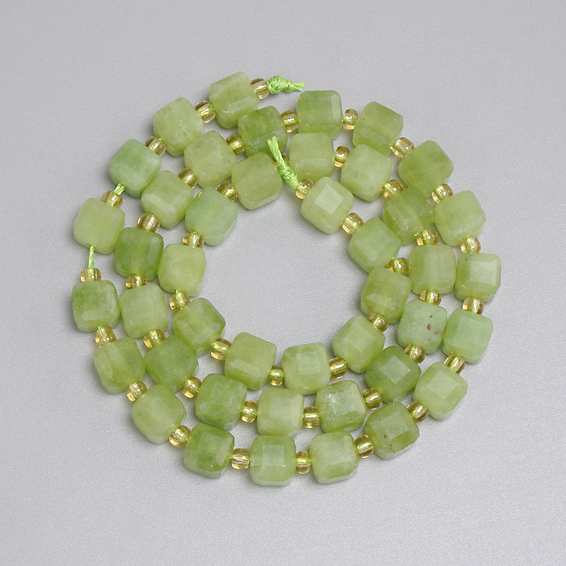 Chrysolite Olivine Beads Faceted Cube 6x6mm+- Seed Beads 3mm+-, Length 37cm+- on Thread