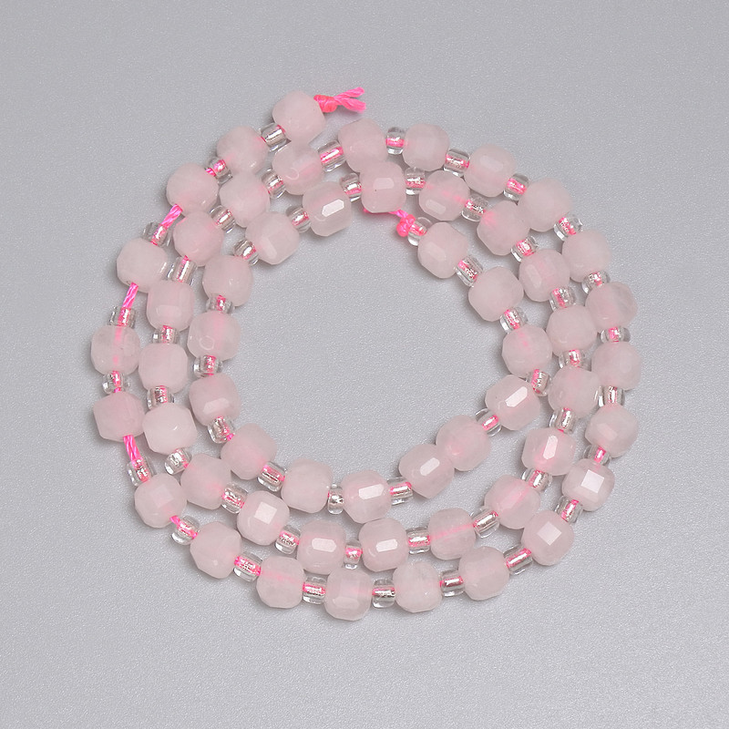 Pink Quartz Beads Faceted Cube 5x5mm+- Seed Beads 3mm+-, Length 38cm+- on Thread