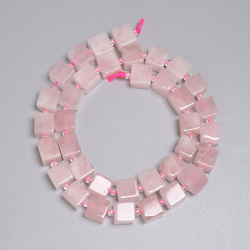 Rose Quartz Beads, Cube 8.5x8.5mm+- Seed Beads 3mm+-, Length 38cm+- on a Thread
