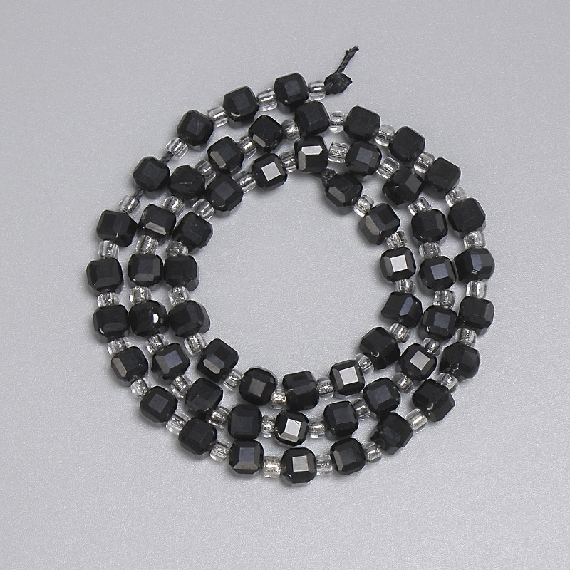Black Tourmaline Beads, Faceted Cube 5x5mm+- Seed Beads 3mm+-, Length 38cm+- on a Thread